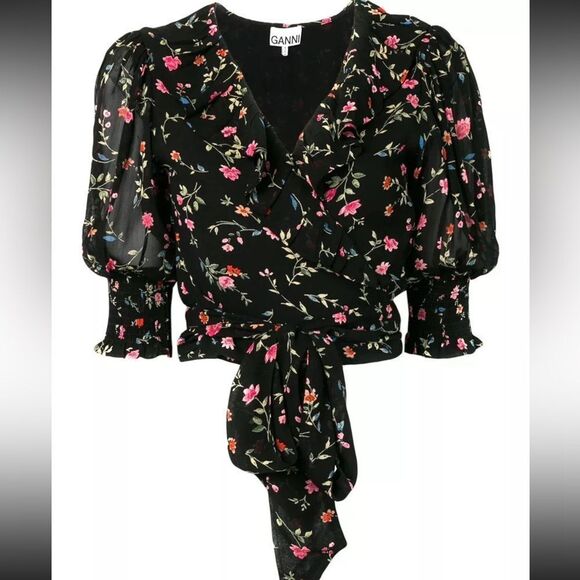 Ganni Paradise Elm Georgette Black Floral Wrap Top - Picture 6 of 14